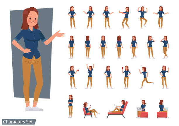 Set of woman character vector design. Presentation in various action with emotions, running, standing and walking. Set of woman character vector design. Presentation in various action with emotions, running, standing and walking. characters stock illustrations