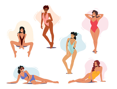 Set of Woman Posing in Swimsuits, Young Sexy Female Characters Wear Bikini and One-piece Swimwear Posing on Beach or Swimming Pool Isolated on White Background. Cartoon People Vector Illustration