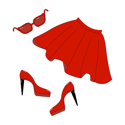 A set of women's clothing, shoes and accessories. The skirt, shoes and glasses are red.