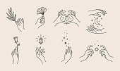 A set of women's hand logos in a minimalistic linear style. Vector design of sign templates or emblems in various gestures. For cosmetics, Studio, tattoo, Spa, manicure, beauty product packaging