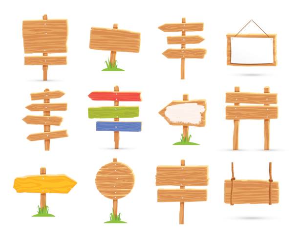 stockillustraties, clipart, cartoons en iconen met set houten tabletten en wegwijzers - plankje plant touw