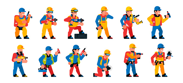 A set of workers with a power tool. Men and women working with professional power tools. Construction, renovation, people, smiles, happy. Vector illustration isolated on white background.
