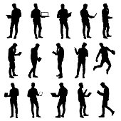 Set of working business man using laptop and tablet silhouettes. Easy editable layered vector illustration.