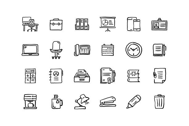 Set of Workspace related objects and elements. Hand drawn vector doodle illustration collection. Hand drawn icon set. Set of Workspace related objects and elements. Hand drawn vector doodle illustration collection. Hand drawn icon set. office drawings stock illustrations