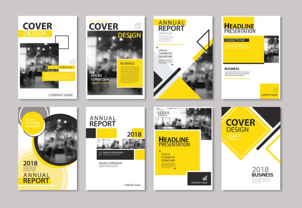 노란색 표지 연간 보고서, 브로셔, 디자인 서식 파일의 집합입니다. 비즈니스 잡지, 전단지, 프레 젠 테이 션, 포트폴리오, 포스터, 기업 배경 사용 합니다. - 계획 이미지 stock illustrations