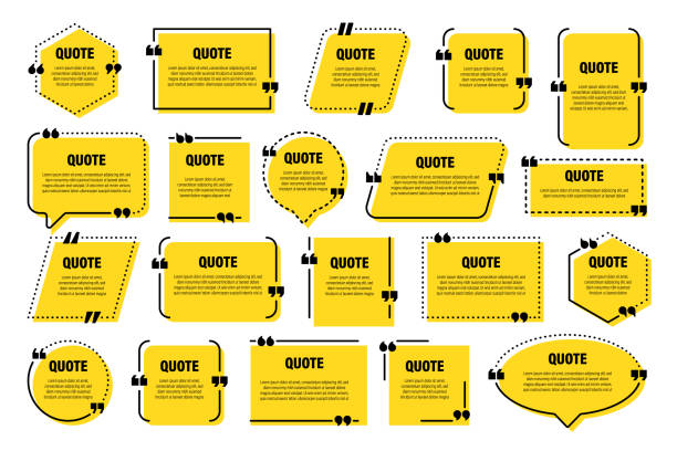 Set of yellow isolated quote frames. Speech bubbles with quotation marks. Blank text box and quotes. Blog post template. Vector illustration Set of yellow isolated quote frames. Speech bubbles with quotation marks. Blank text box and quotes. Blog post template. Vector illustration speech bubble stock illustrations