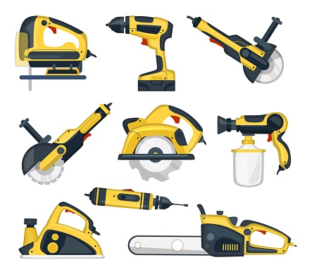 Set of yellow power tools for professional craftsman