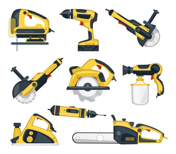 satz von gelben elektrowerkzeugen für professionelle handwerker - elektrisches werkzeug stock-grafiken, -clipart, -cartoons und -symbole