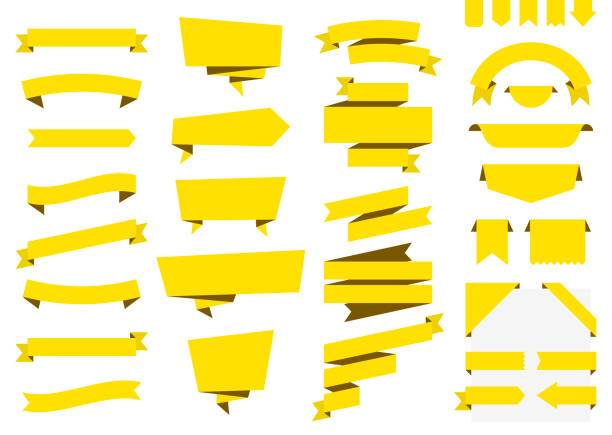 kumpulan pita kuning, spanduk, lencana, label - elemen desain di latar belakang putih - spanduk web ilustrasi stok