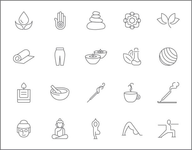 Set of yoga and spa icons line style. It contains such Icons as wellness, pose, beauty, peace, therapy and other elements. yoga drawings stock illustrations