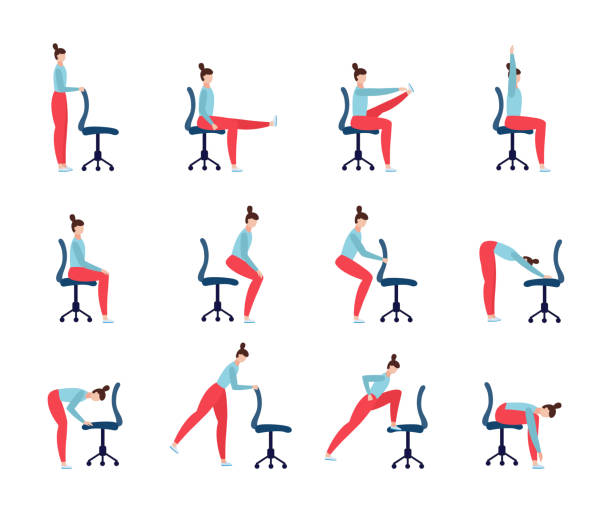 Set of yoga exercises with office chair a vector flat illustrations A set of exercises yoga to train the body of an office worker. Relieving back and neck fatigue. Fitness using an office chair. Isolated infographics. Vector flat illustrations chair stock illustrations