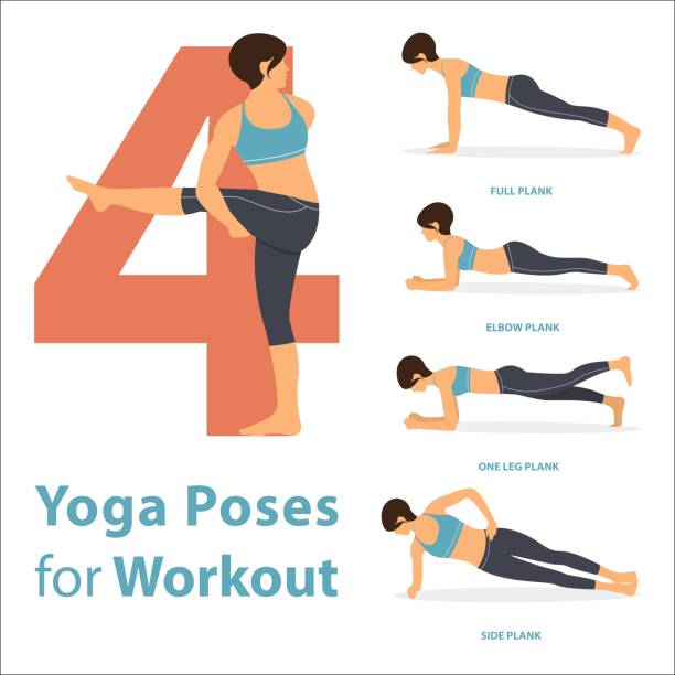 A set of yoga postures female figures for Infographic 4 Yoga poses for workout in flat design. A set of yoga postures female figures for Infographic 4 Yoga poses for workout in flat design. Vector Illustration. benefits of exercise infographics stock illustrations