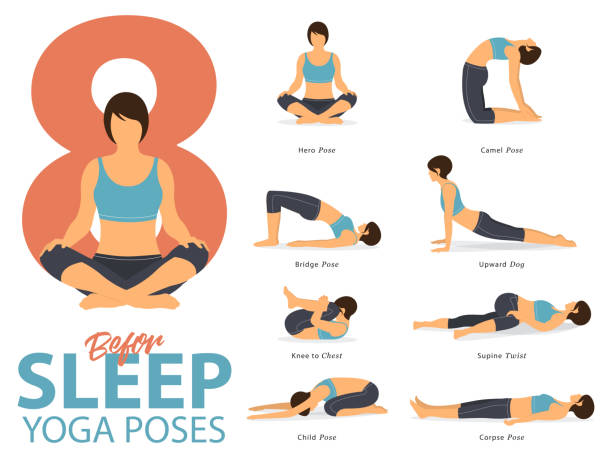 stockillustraties, clipart, cartoons en iconen met een set van yoga houdingen vrouwenfiguren voor infographic 8 yoga vormt voor uitoefening vóór slaap in platte ontwerp. vrouw cijfers oefenen in blauwe sportkleding en zwarte yoga broek. vector - yoga