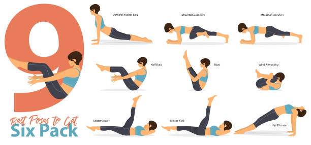 A set of yoga postures female figures for Infographic 9 Yoga best poses for get six pack in flat design. Woman figures exercise in blue sportswear and black yoga pant. Vector. A set of yoga postures female figures for Infographic 9 Yoga best poses for get six pack in flat design. Woman figures exercise in blue sportswear and black yoga pant. Vector Illustration. benefits of exercise infographics stock illustrations