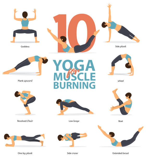 set von yoga haltet weibliche figuren infographisch. 10 yoga-posen für muskelverbrennung in flachem design. frauenfiguren trainieren in blauer sportbekleidung und schwarzer yoga-hose. vektor. - yoga poses stock-grafiken, -clipart, -cartoons und -symbole
