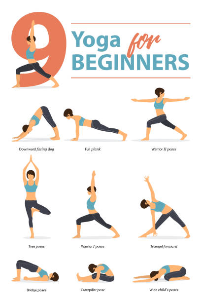Set of yoga postures female figures Infographic 9 Yoga poses for Beginners in flat design. Woman figures exercise in blue sportswear and black yoga pants. Vector. Set of yoga postures female figures Infographic 9 Yoga poses for Beginners in flat design. Woman figures exercise in blue sportswear and black yoga pants. Vector Illustration. benefits of exercise infographics stock illustrations
