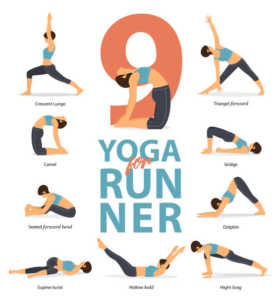 set von yoga haltet weibliche figuren infographisch. 9 yoga-posen für läufer in flachem design. frauenfiguren trainieren in blauer sportbekleidung und schwarzer yoga-hose. vektor. - yoga poses stock-grafiken, -clipart, -cartoons und -symbole