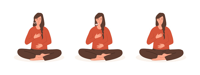 Set of yoga postures. Young female doing abdominal exercise. Woman exhaling and inhaling. Deep belly breathing practice. Meditation, diaphragm breathing, pranayama yoga. Vector flat style illustration