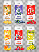 Set of yogurt in boxes with fruit and berries. Advertisment design template. Vector