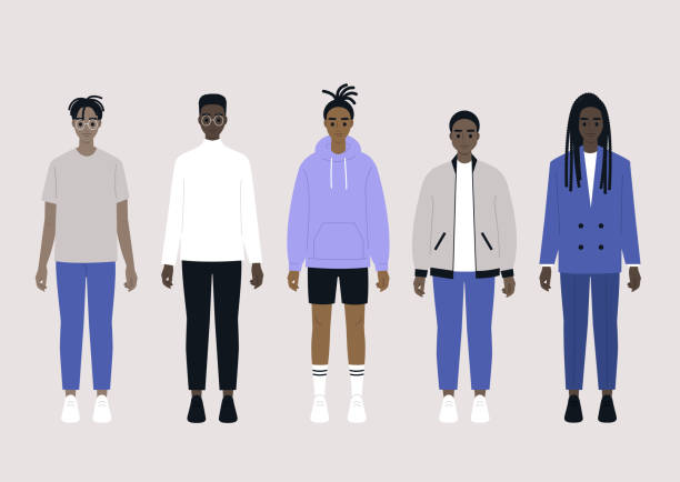A set of young black male characters wearing different outfits: sport, casual and business  tall boy stock illustrations