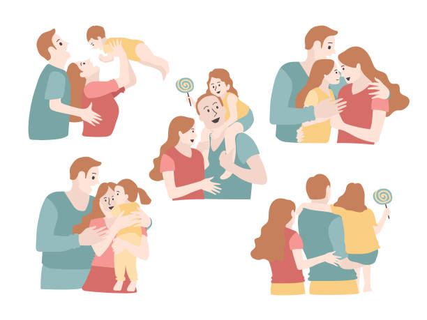 ilustrações de stock, clip art, desenhos animados e ícones de set of young family are playing with their child, vector illustration. - foster home bag