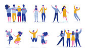 Set of young people jumping on white background. Stylish modern vector illustration with happy male and female characters, teenagers, students. Party, sport, dance and friendship team concept