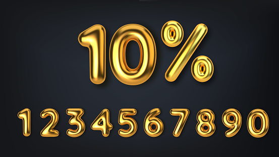 Set off discount promotion sale made of realistic 3d gold balloons. Number in the form of golden balloons. Template for products, advertizing, web banners, leaflets, certificates and postcards. Vector illustration