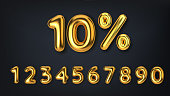 Set off discount promotion sale made of realistic 3d gold balloons. Number in the form of golden balloons. Template for products, advertizing, web banners, leaflets, certificates and postcards. Vector