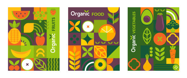 Set organic food flyers,banners. Set organic food flyers,banners. Natural fruits and vegetables in simple geometric shapes,geometry minimalistic style.For web poster,products presentation,templates,cover design.Vector illustration. banana silhouettes stock illustrations