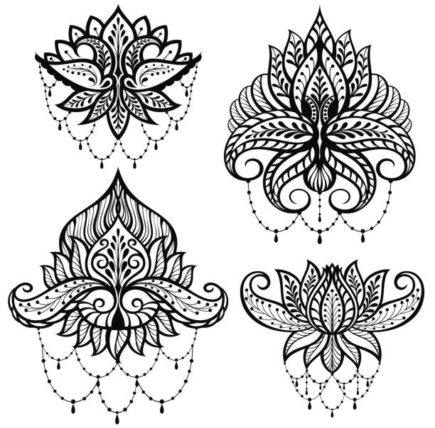 eingestellten ornamentalen lotusblüten - lotusblume tattoo stock-grafiken, -clipart, -cartoons und -symbole