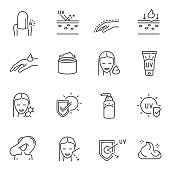 Set outline monochrome sunscreen icon vector illustration. Collection uv protection accessories cosmetics symbols isolated on white. Bundle sun block logo spf safety skin care anti ultra violet rays
