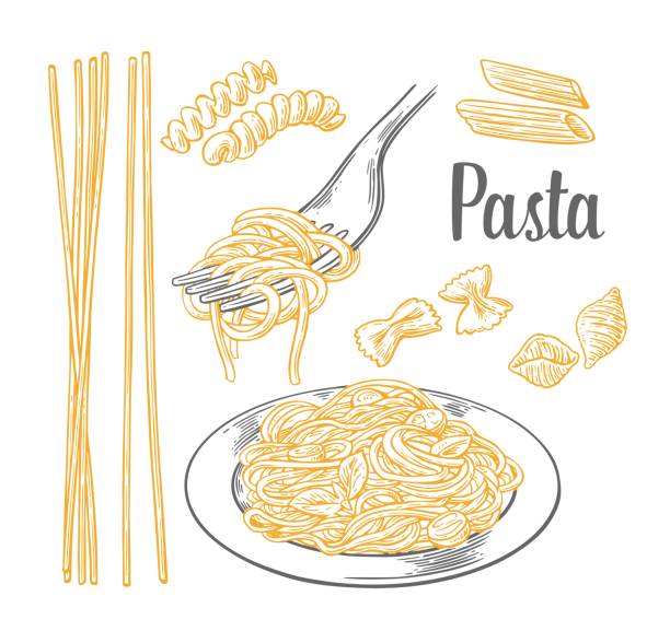 Set pasta - farfalle, conchiglie, penne, fusilli and spaghetti on fork. Set pasta - farfalle, conchiglie, penne, fusilli and spaghetti on fork. Vector engraving vintage black and beige illustration isolated on white background. pasta icons stock illustrations
