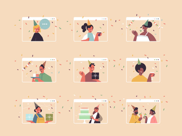 컴퓨터 창에서 온라인 생일 파티 믹스 인종 남자 여성을 축하하는 축제 모자에 사람들을 설정 - 축하 stock illustrations