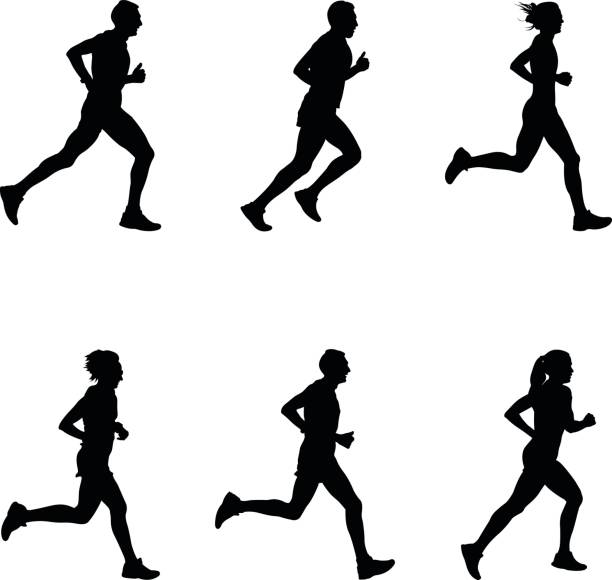 set people running set people running marathon black silhouette running silhouettes stock illustrations