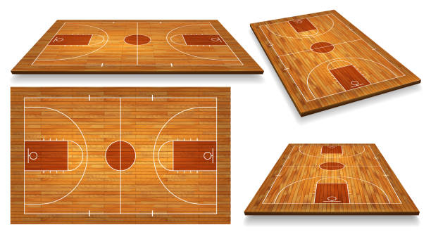ilustraciones, imágenes clip art, dibujos animados e iconos de stock de set piso de corte perspectiva del baloncesto con la línea de fondo de textura de madera. ilustración de vector - basketball court