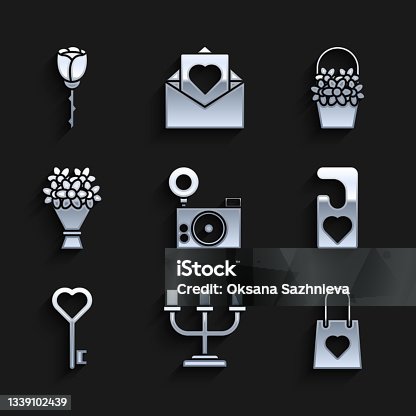 istock Set Photo camera, Candlestick, Shopping bag with heart, Please do not disturb, Key shape, Bouquet of flowers, Flowers basket and rose icon. Vector 1339102439