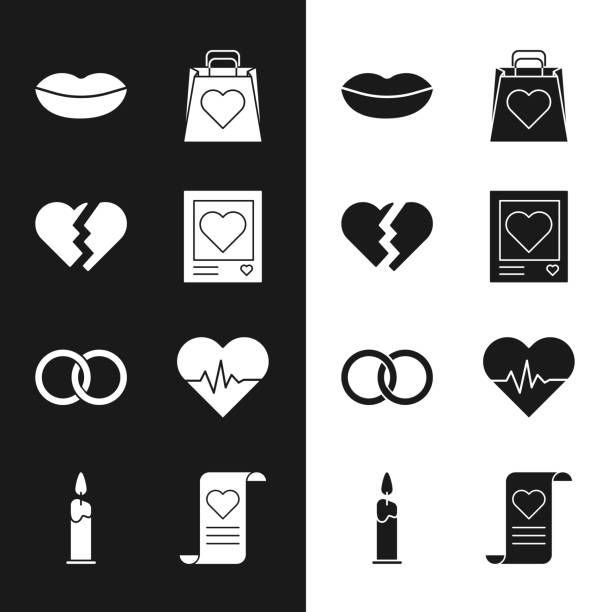 Set Photo frames and hearts, Broken, Smiling lips, Shopping bag with, Wedding rings, Heart rate, Envelope Valentine and Burning candle icon. Vector Set Photo frames and hearts Broken Smiling lips Shopping bag with Wedding rings Heart rate Envelope Valentine and Burning candle icon. Vector. divorce borders stock illustrations