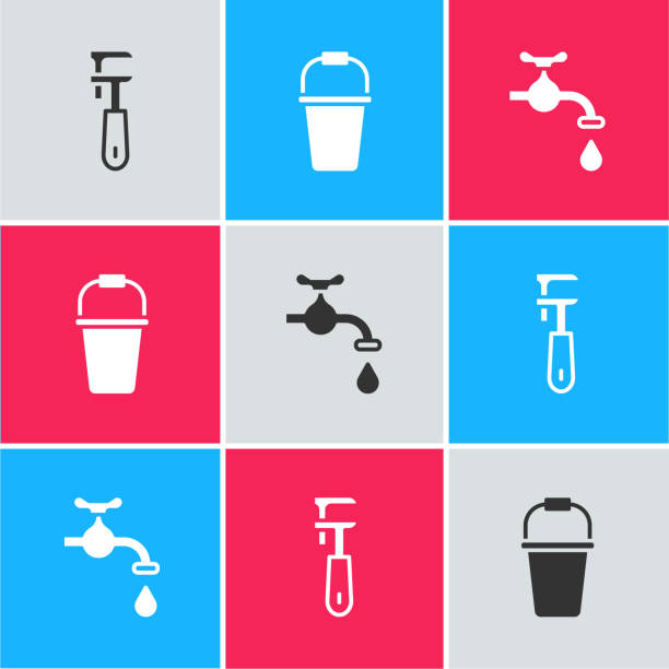 stockillustraties, clipart, cartoons en iconen met set pipe verstelbare moersleutel, emmer en waterkraan pictogram. vector - save water bucket