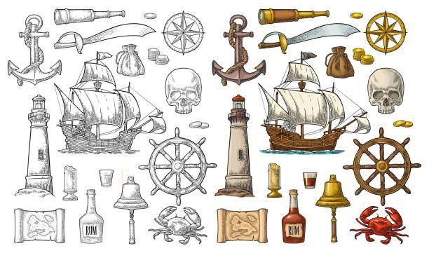 Set pirate adventure. Vector color vintage engraving Set pirate adventure. Anchor, rum bottle, wheel, money bag, coins, skull, saber, crab, caravel, compass rose, spyglass, bell, lighthouse isolated on white background. Vector color vintage engraving rum stock illustrations