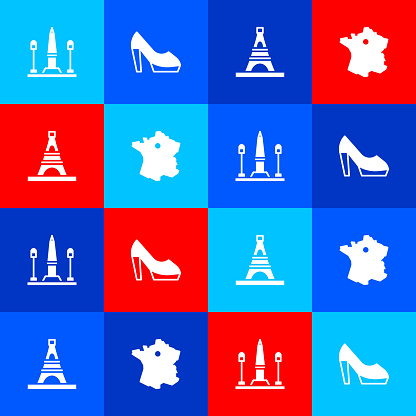 Set Place De La Concorde, Woman shoe, Eiffel tower and Map of France icon. Vector