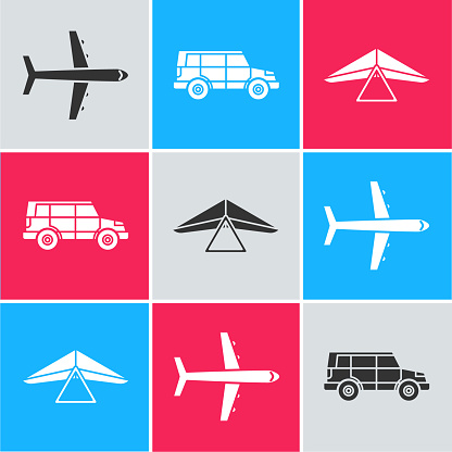 Set Plane, Off road car and Hang glider icon. Vector