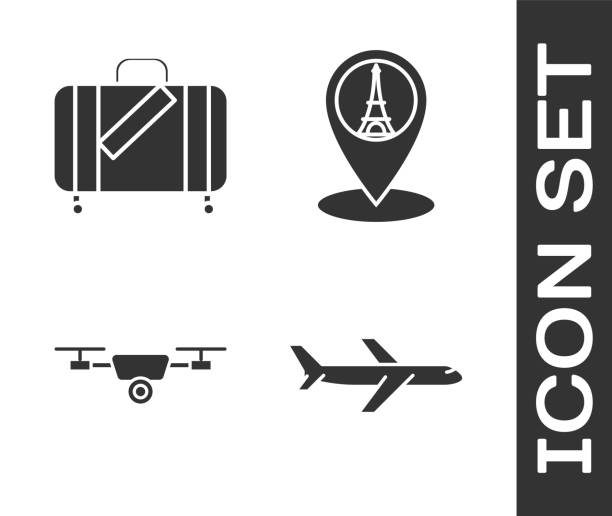 illustrations, cliparts, dessins animés et icônes de set plane, valise pour voyage et autocollants, drone volant avec caméra vidéo d’action et pointeur de carte avec icône de la tour eiffel. vecteur - eiffel helicopter