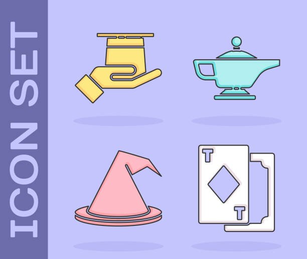 Set Playing cards, Magician hat in hand, Witch hat and Magic lamp or Aladdin icon. Vector Set Playing cards, Magician hat in hand, Witch hat and Magic lamp or Aladdin icon. Vector bunny poker stock illustrations