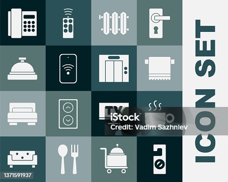 istock Set Please do not disturb, Coffee cup, Towel on hanger, Heating radiator, Mobile with wi-fi wireless, Hotel service bell, Telephone handset and Lift icon. Vector 1371591937