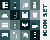istock Set Please do not disturb, Coffee cup, Towel on hanger, Heating radiator, Mobile with wi-fi wireless, Hotel service bell, Telephone handset and Lift icon. Vector 1371591937
