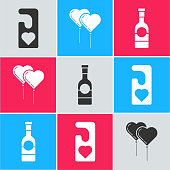 istock Set Please do not disturb with heart, Balloons in form of heart with ribbon and Champagne bottle icon. Vector 1223270428