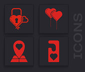 istock Set Please do not disturb with heart, Castle in the shape of a heart and key, Balloons in form of heart with ribbon and Map pointer with heart icon. Vector 1225183284
