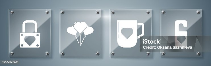 istock Set Please do not disturb with heart, Coffee cup and heart, Balloons in form of heart and Lock and heart. Square glass panels. Vector 1255023611