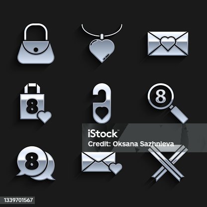 istock Set Please do not disturb with heart, Envelope 8 March, Breast cancer awareness ribbon, Search, in speech bubble, Shopping bag, and Handbag icon. Vector 1339701567