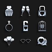 istock Set Please do not disturb with heart, Heart shaped love glasses, in speech bubble, the bird cage, Balloons form of, Diamond engagement ring, Lock and and Wedding cake icon. Vector 1336926310